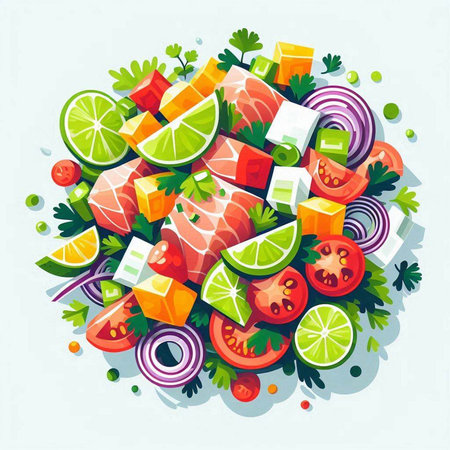 Vector illustration of fresh vegetable salad with tomato, cucumber, onion, pepper, lettuce, lemon, parsley and mayonnaiseのイラスト素材