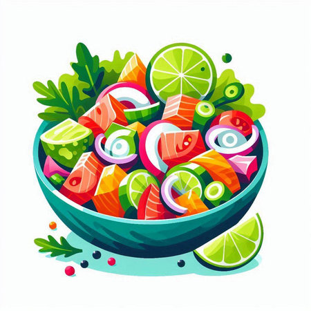 Salmon salad in a bowl isolated on white background. Vector illustration.のイラスト素材