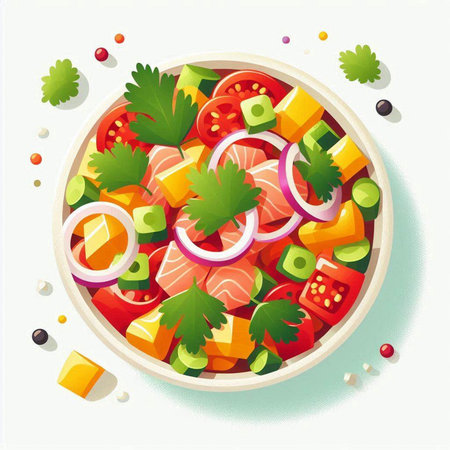 Salad with salmon, tomato, cucumber, onion, pepper and parsley. Vector illustration.のイラスト素材