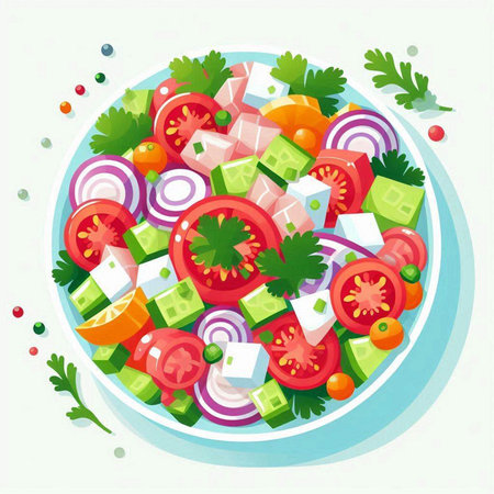 Salad with tomato, cucumber, onion and mayonnaise. Vector illustration.のイラスト素材
