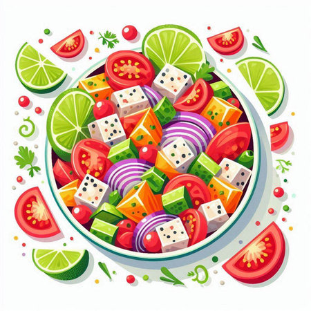 Salad with tomatoes, cucumbers, onions and feta cheese. Vector illustration.のイラスト素材