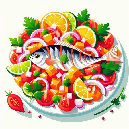 Fresh fish salad with tomatoes, lemon, onion and parsley. Vector illustration.のイラスト素材