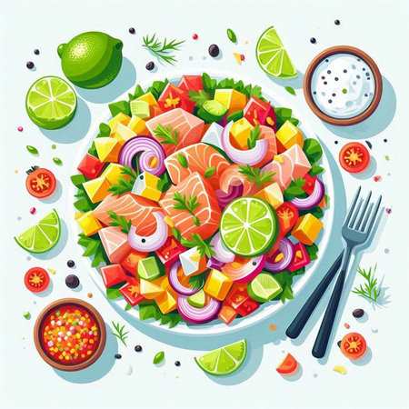 Salad with salmon, tomato, onion, cucumber, pepper, olive oil, herbs and spices. Vector illustrationのイラスト素材