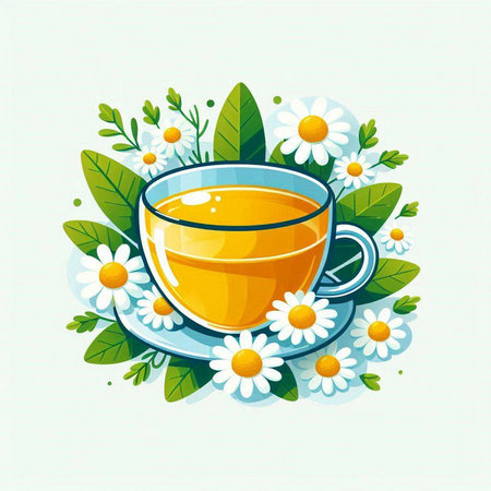 Cup of tea with camomile flowers and leaves. Vector illustration.のイラスト素材