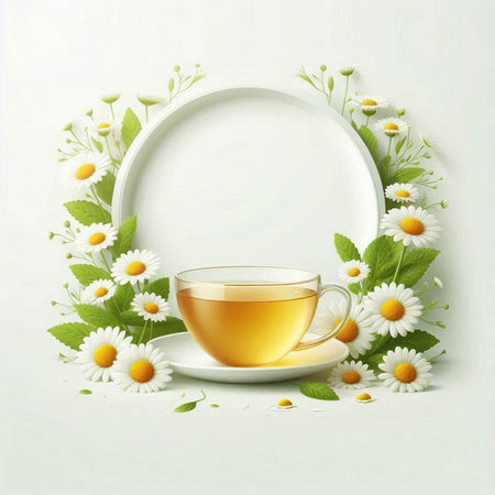 Cup of tea with chamomile flowers on white backgroundのイラスト素材