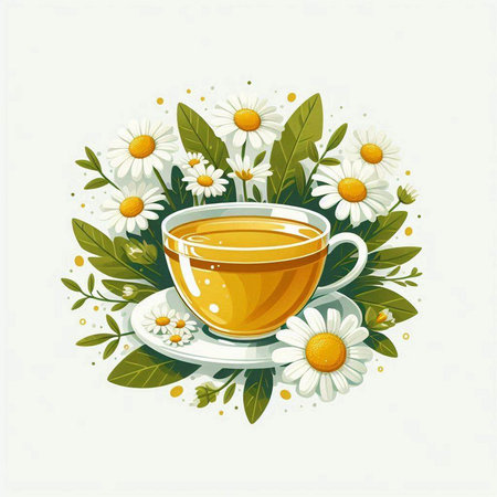 Cup of herbal tea with chamomile flowers. Vector illustration.のイラスト素材