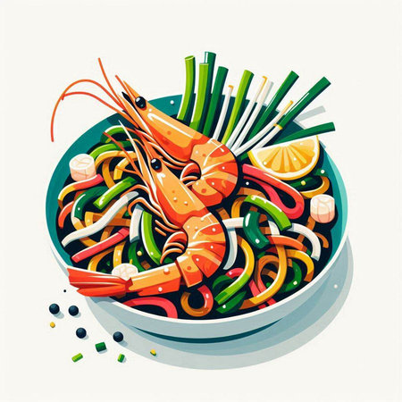 Noodles with shrimps in a bowl. Vector illustration.のイラスト素材