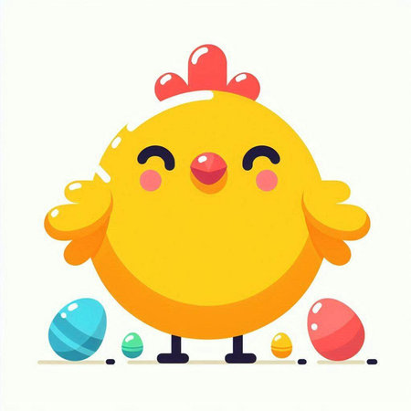 Happy easter. Cute cartoon chicken with eggs on white backgroundのイラスト素材
