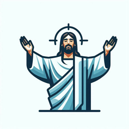 Jesus Christ with raised hands isolated on white background. Vector illustration.のイラスト素材