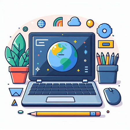 Laptop computer with world map on screen. Flat style vector illustration.のイラスト素材
