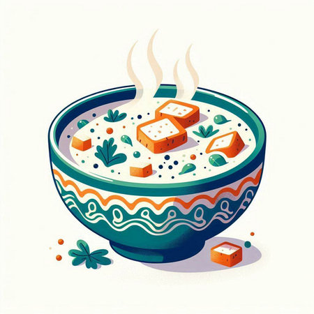 Illustration of a bowl of soup with tofu, carrots and herbsのイラスト素材