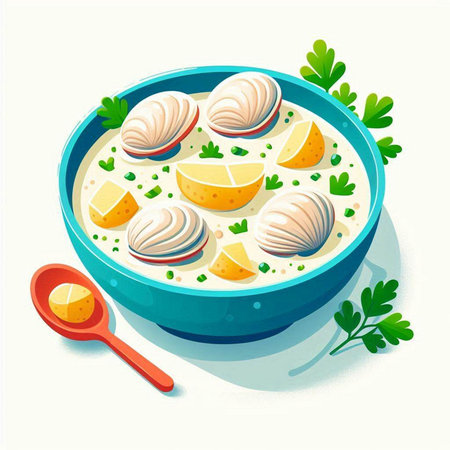 Creamy soup with clams and parsley. Vector illustrationのイラスト素材