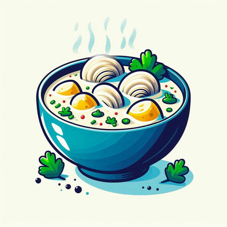 Illustration of a bowl of soup with clams and parsleyのイラスト素材