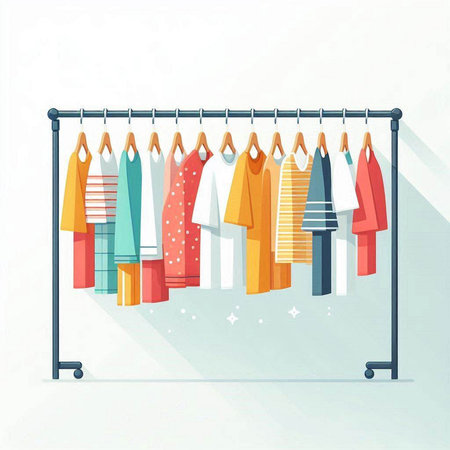 Clothing rack with different clothes on hangers, vector illustration.のイラスト素材