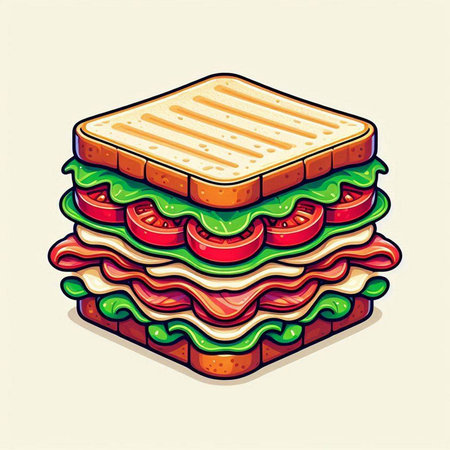 Sandwich with ham, cheese, tomato and lettuce. Vector illustration.のイラスト素材