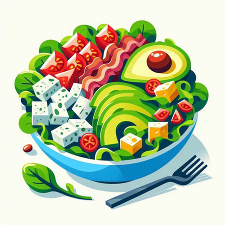 Salad with avocado, tomatoes, cheese and olives. Vector illustration.のイラスト素材