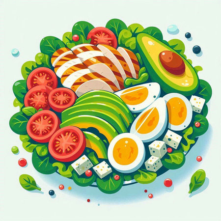 Healthy food. Vector illustration of salad with chicken, avocado, egg, tomato, cucumber, feta cheese.のイラスト素材