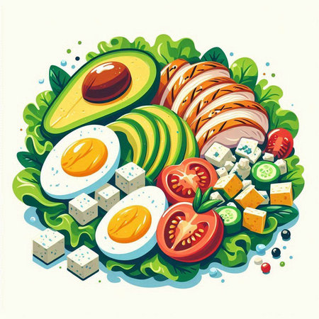 Vector illustration of avocado salad with eggs, feta cheese, tomatoes and cucumbersのイラスト素材