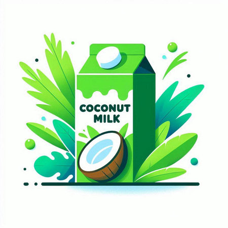 Coconut milk box with green leaves and fruits. Vector illustration.のイラスト素材