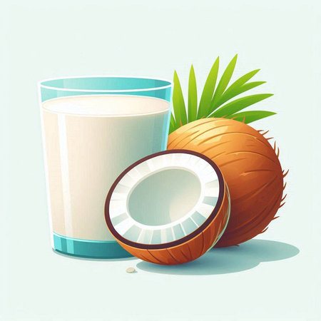 Coconut milk in a glass and coconuts on a light backgroundのイラスト素材