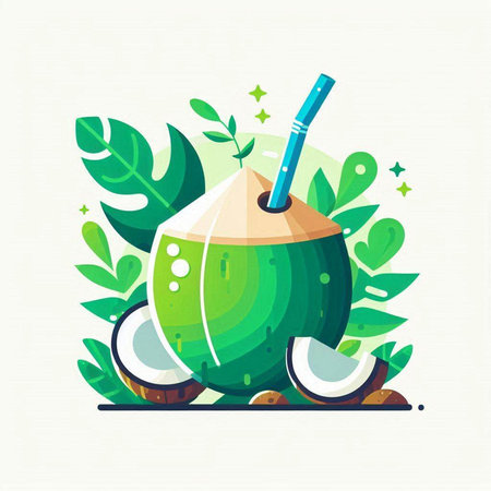 Coconut juice flat vector illustration. Fresh tropical drink with straw.のイラスト素材