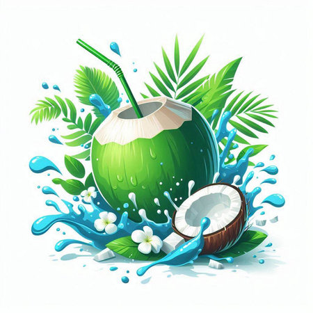 Coconut water splash with fresh coconut and leaves. Vector illustration.のイラスト素材