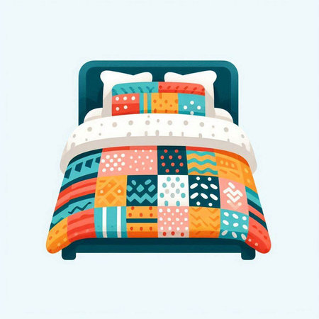 Vector illustration of a bed with colorful pillows and plaidsのイラスト素材