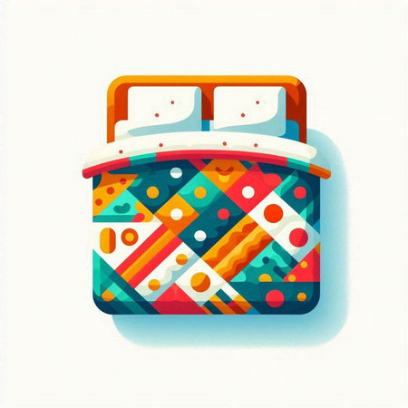 Illustration of a bed with colorful pattern on a white background.のイラスト素材