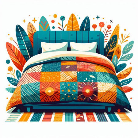 Vector illustration of hand drawn bed with colorful pillows, leaves and flowers.のイラスト素材
