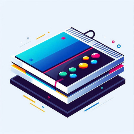 Retro video game console with colorful buttons, vector illustration in isometric styleのイラスト素材