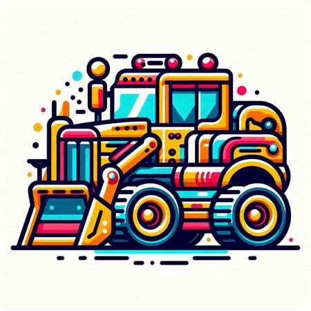 Vector illustration of bulldozer in line art style. Colorful design.のイラスト素材