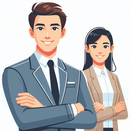 Businessman and businesswoman standing with crossed arms in office. Vector illustrationのイラスト素材