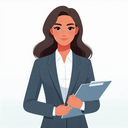 Businesswoman with clipboard. Vector illustration in cartoon style. Isolated on white background.のイラスト素材