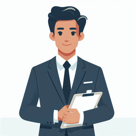 Businessman holding clipboard and looking at camera. Vector illustration in cartoon style.のイラスト素材