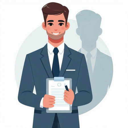 Businessman holding clipboard and pen. Vector illustration in cartoon style.のイラスト素材