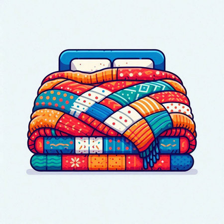 Hand drawn vector illustration of a suitcase with colorful knitted blankets.のイラスト素材