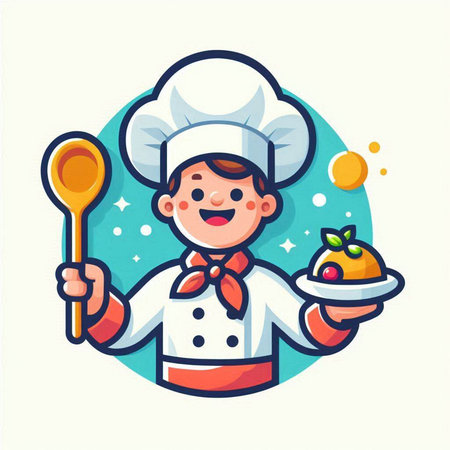 Chef boy with a plate of cake and spoon. Vector illustrationのイラスト素材