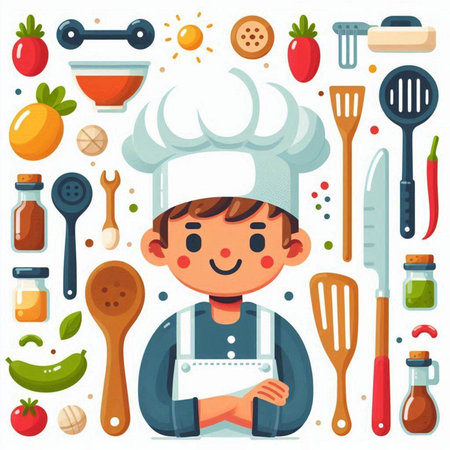 Cartoon chef boy with cook hat and apron. Vector illustrationのイラスト素材