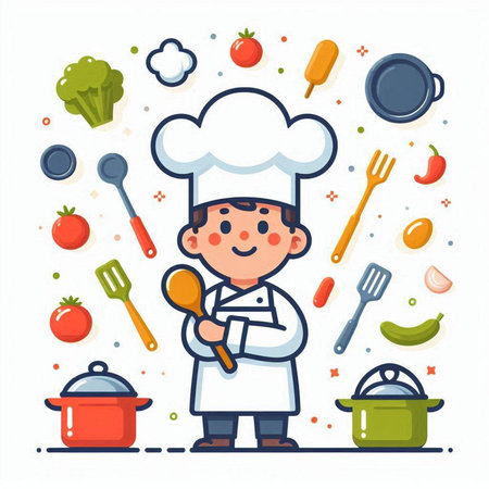 Chef boy with vegetables and kitchen utensils. Vector illustrationのイラスト素材