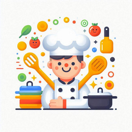 Chef boy cooking. Vector illustration in flat design style. Cartoon character.のイラスト素材