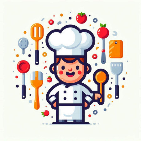 Cute chef boy with various utensils. Vector illustration.のイラスト素材