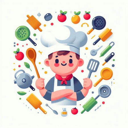 Cute cartoon chef with cooking tools. Vector illustration in flat styleのイラスト素材