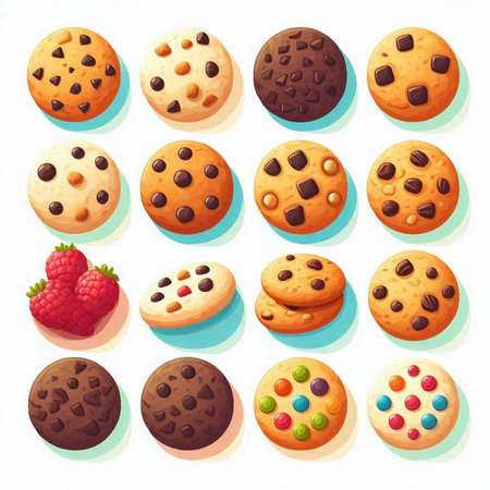 Chocolate chip cookies set, vector illustration. Chocolate chip cookies, chocolate cookies, cookies with raspberries.のイラスト素材