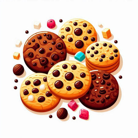 Chocolate chip cookies with candies on white background. Vector illustration.のイラスト素材