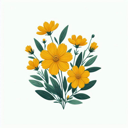Hand drawn vector illustration of yellow cosmos flowers. Isolated on white background.のイラスト素材