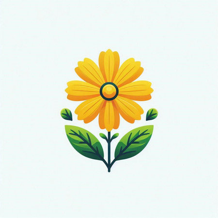 cute yellow flower with green leaves on white background, vector illustrationのイラスト素材