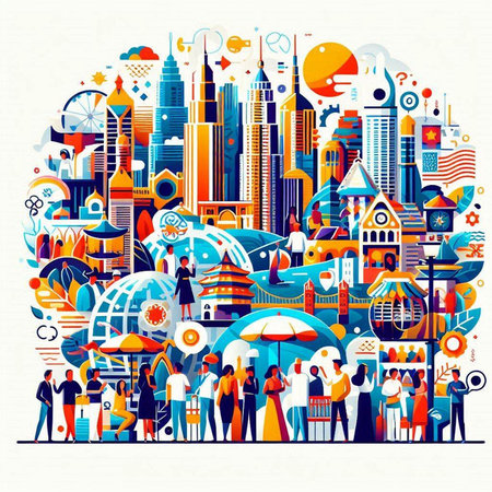 Vector illustration of people around the big city. Colorful illustration.のイラスト素材