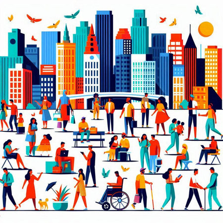 City life with people. People walking in the city. Flat vector illustrationのイラスト素材
