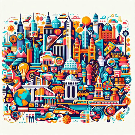 Travel and Tourism colorful doodle illustration. City background with famous buildingsのイラスト素材