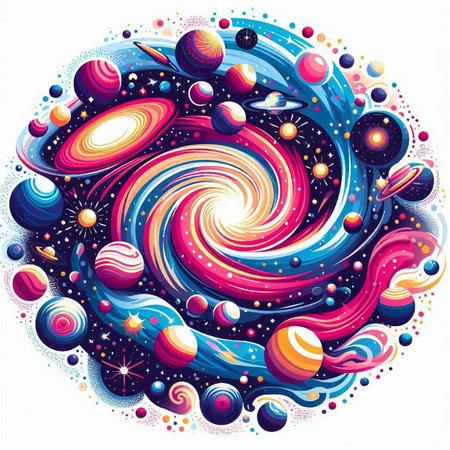 Abstract space background with planets, stars and galaxies. Vector illustration.のイラスト素材